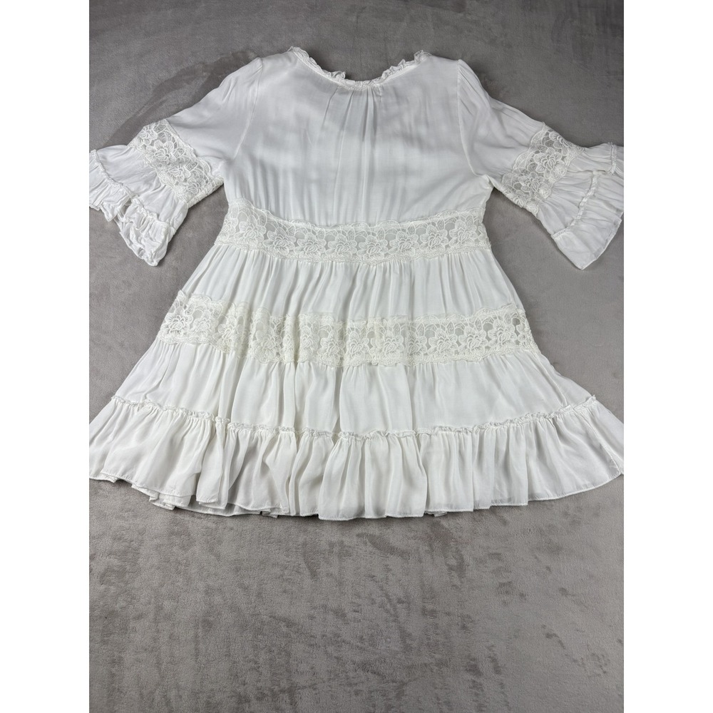 Boho White Lace Tiered Mini Dress V-Neck Bell Sleeve Ruffle Summer Sun Dress - Picture 6 of 6